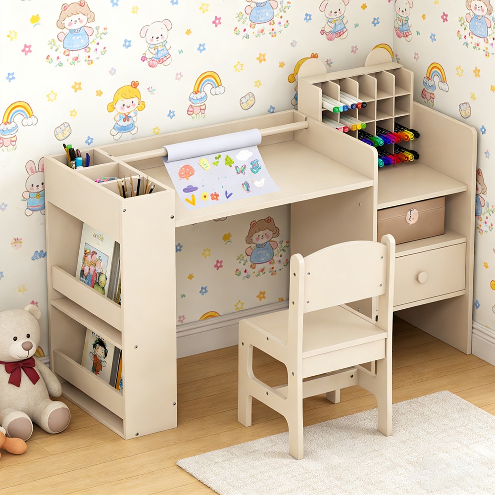Kids Art Table And Chair Set With Detachable Paper Roll Holder And Cabinet_voghion.com